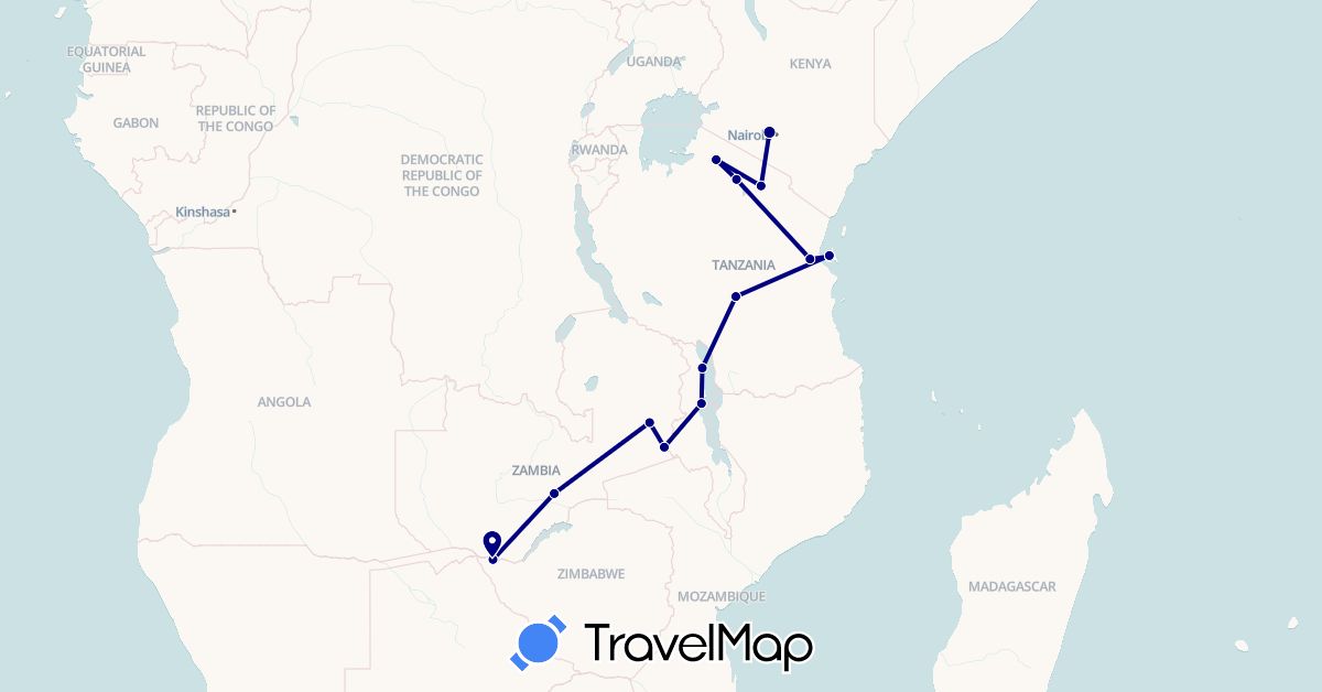 TravelMap itinerary: driving in Kenya, Malawi, Tanzania, Zambia, Zimbabwe (Africa)